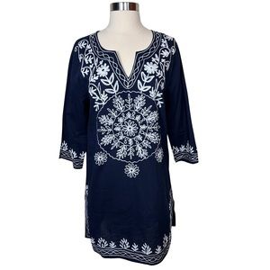 Top It Off Navy Blue Cotton Embroidered Floral Boho 3/4 Sleeve Tunic Blouse Top